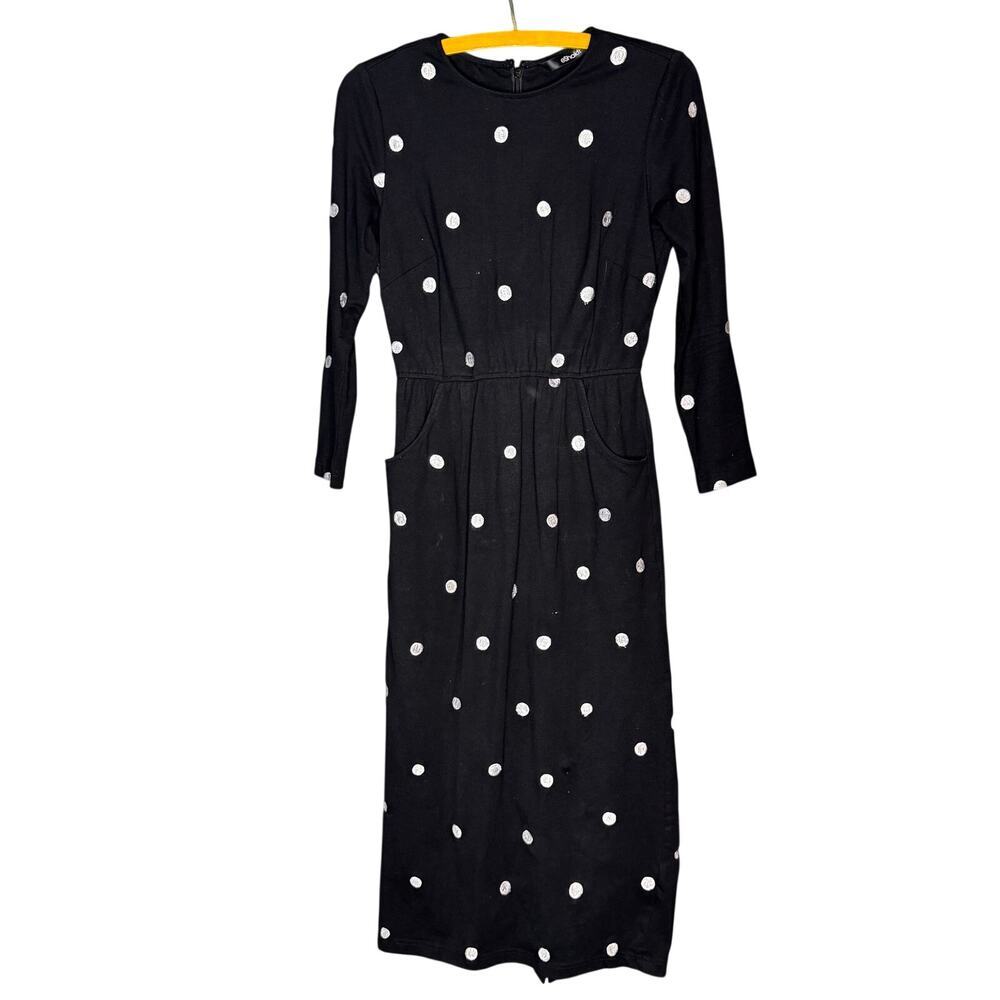 Eshakti Black Polka Dot Midi Dress Women’s S-4 Long Sleeve Pockets Retro Pinup